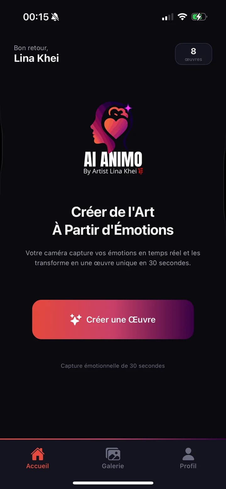 AI ANIMO app, écran de création émotionnelle